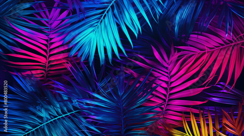 Creative fluorescent color layout made of tropical leaves. Flat lay neon colors. Nature concept.