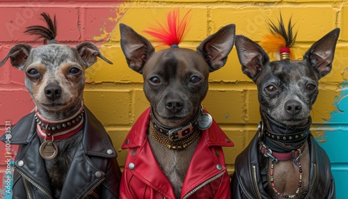 Dogs wearing punk rock leather jackets in front of colorfuli wall. photo