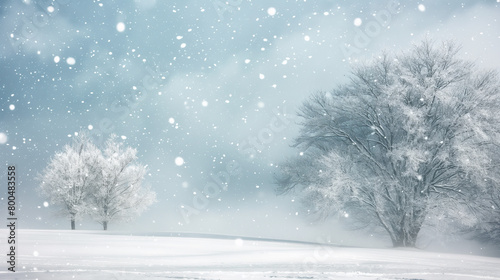 This evocative image captures the beauty of snow-covered trees against a vast wintery landscape