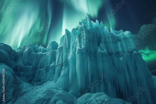 A towering ice formation in the Arctic, with auroras dancing overhead © Ghulam