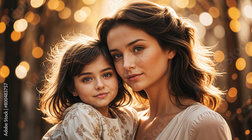 Portrait of a mother and daughter, World Mother's Day concept design for holidays, family love, motherhood celebration super high quality image