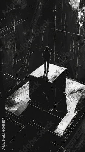 an aerial shot of a man in a black room, in the middle of the room there is a strange metallic box on a pedestal