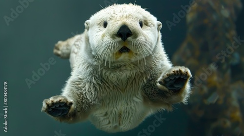   A polar bear suspends in the air, paws splayed wide Its front paws lifted above its head photo