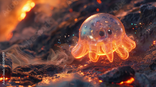 An ultra-realistic cute alien creature with jelly-like translucent skin and floating sparkles within, at the edge of a fiery volcanic crater at dusk photo
