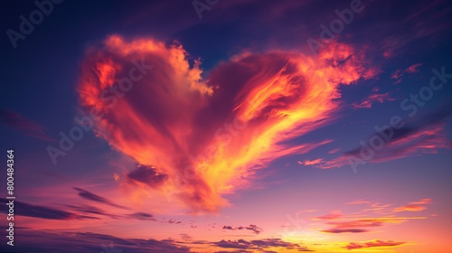 A breathtaking natural phenomenon as a heart-shaped cloud forms amongst the vibrant hues of the sunset sky photo