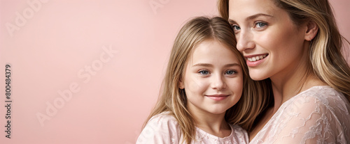 Portrait of a Caucasian mother and daughter on a pink background with copy space for text. World Mother's Day concept design for holidays, family love, motherhood celebration