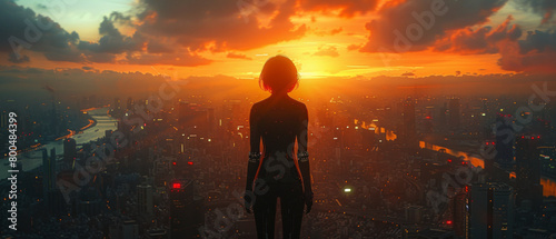 Cinematic shot of a cyberpunk female with short black hair  wearing a sleek black latex suit