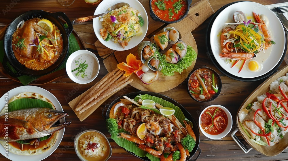 photo of meals in restaurant. A lavish spread of various. Asian dishes on a wooden table. Assorted Asian Cuisine Selection photo of meals in restaurant. A lavish spread of various. Asian dishes on a wooden table. Assorted Asian Cuisine Selection