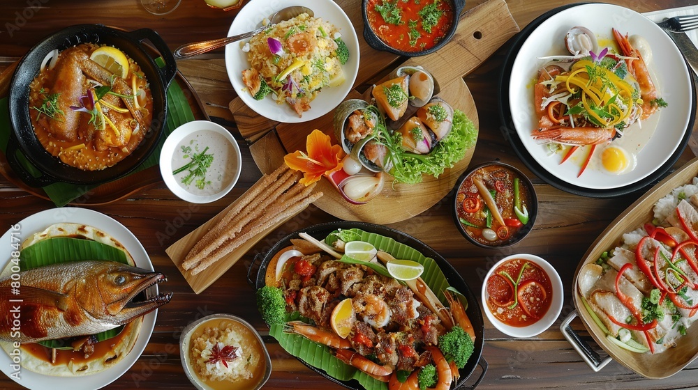 photo of meals in restaurant. A lavish spread of various. Asian dishes on a wooden table. Assorted Asian Cuisine Selection