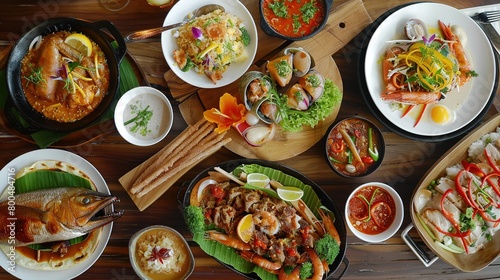 photo of meals in restaurant. A lavish spread of various. Asian dishes on a wooden table. Assorted Asian Cuisine Selection