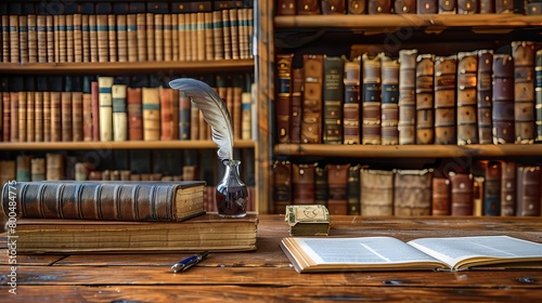 An old quill pen with inkwell and papers arranged on a wooden desk against a vintage bookcase, depicting a retro style with banner copy space. Vector illustration. photo