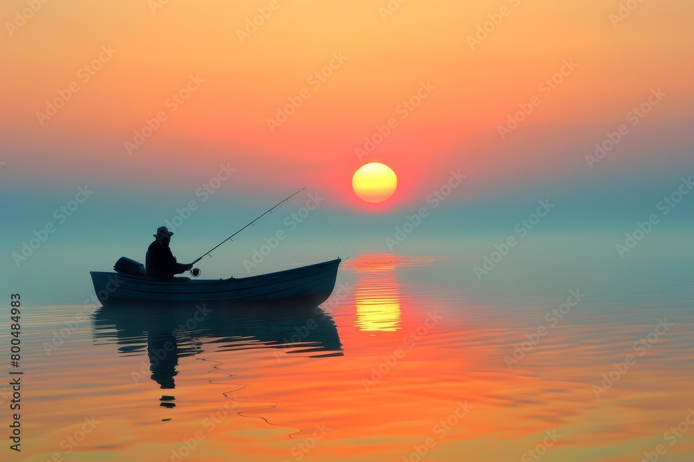 A tranquil morning scene on a misty lake at sunrise, with a lone angler in a small boat enjoying solitude by fishing