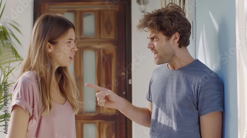 An unhappy young couple argues while standing at the house door, with the angry husband pointing at his wife, blaming her for their problems. Illustrating conflicts in marriage and bad relationships.