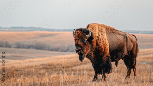   A large buffalo atop a dry, grass-covered field in the midst of expansive grasslands © Viktor