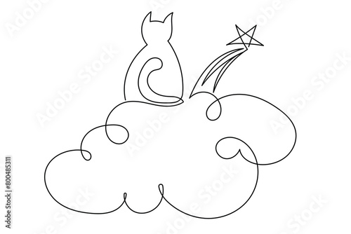 Line Art Cat, Star and Cloud Illustration.  Doodle Simple Contour Outline Sketch Isolated on White. Cat Symbol Mascot Romantic Dreamy Character Lookin on Abstract Star. Domestic Pet Love Theme Concept