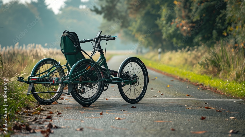 Fototapeta premium Hunter green recumbent trike on a peaceful country road, relaxed cruising,
