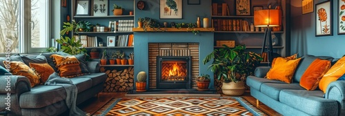 Cozy Sketch Style Living Room with Fireplace and Simple Shapes against a White Background