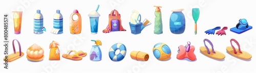 Detailed illustrations of summer icons for a beach vacation theme include sunscreen, beach towel, swimwear, snorkel, and flip flops