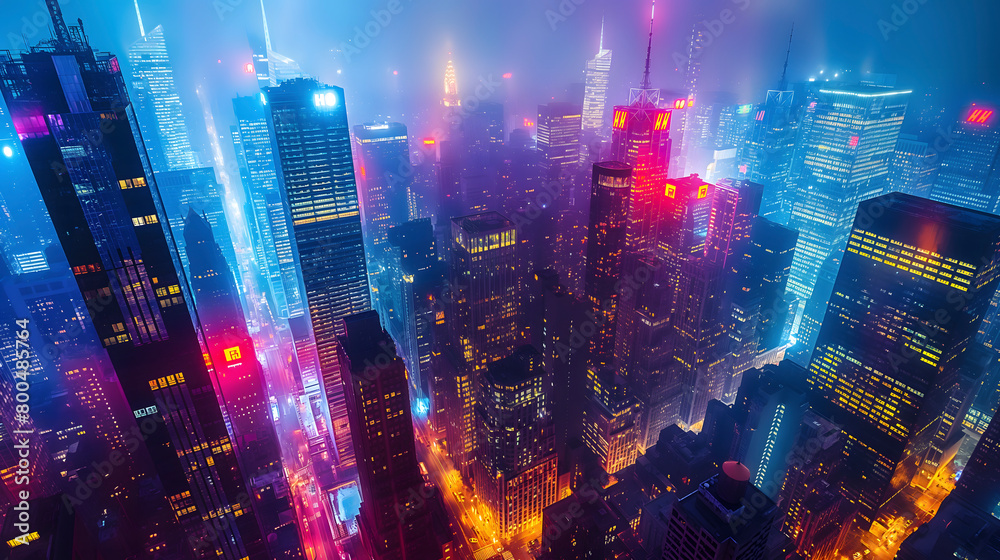New York City skyscrapers at night with neon lights and fog.