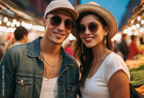 A smiling man wearing sunglasses and a casual jacket enjoys the urban vibe around him, exuding confidence and a relaxed attitude.