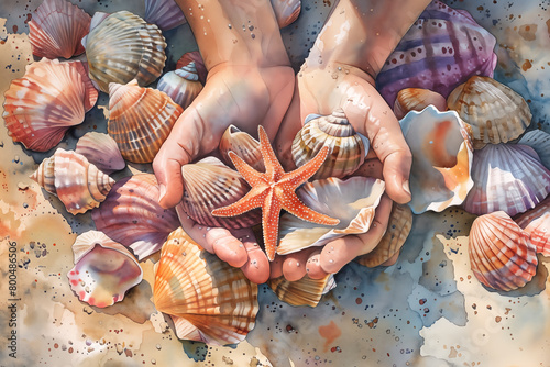 Hands holding starfish surrounded by colorful seashells on sandy background, watercolor illustration
