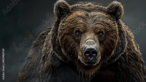  Close-up of a brown bear's face with water droplets on fur against a black backdrop