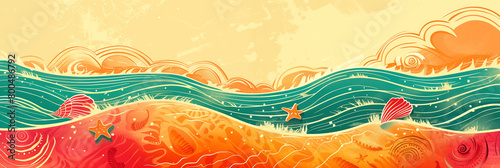 Colorful ocean waves with starfish and seashells on sandy beach background banner. Panoramic web header. Wide screen wallpaper