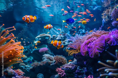 A vibrant coral reef teeming with colorful marine life