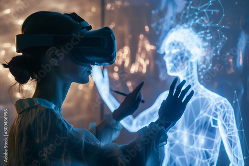 Virtual reality partnership: A person wearing VR goggles interacting with a virtual AI companion projected in the air beside them. photo
