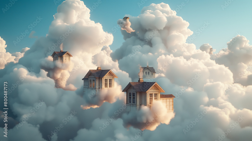 A fantasy concept image with multiple houses floating amid billowy clouds, resembling a dreamy, sky-high village