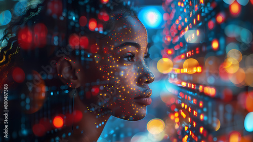 AI cyber security threat illustration, black african American female IT specialist analyzing data information technology, augmented reality artificial intelligence collage, side profile, copy space