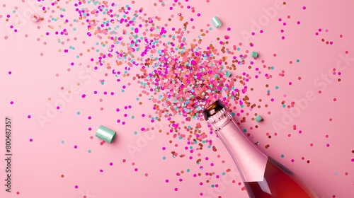 Celebration event depicted with champagne spilling from a bottle amidst confetti, presented in a paper cutting style.