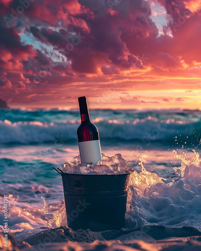 Beachside Wine, Rose, or Champagne Bottle Mockup Chilling in an Ice Bucket - Backdrop of a Colorful Pastel Sunset and Crashing Ocean Waves - Blank Label on Bottle