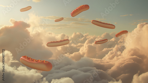 Surreal and whimsical depiction of hot dogs floating amongst fluffy clouds in a bright sky, evoking whimsy and curiosity photo