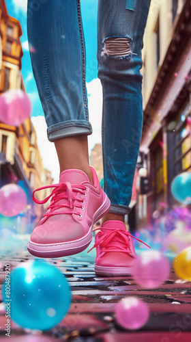 Low angle view of legs in jeans and pink sneakers stepping on cobblestone street surrounded by colorful balloons
