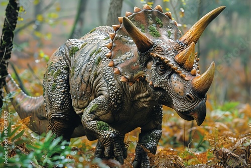 Explore the harmony of a Triceratops adorned in decorative armor, merging power and elegance in a captivating visual representation. Enhanced contrast between armored features © Roberto