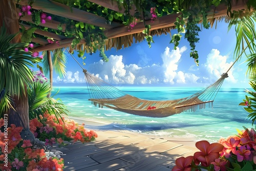 Most relaxing vacation destination. Hammock strung between two palm trees, surrounded by flowers and overlooking the crystal clear turquoise ocean on an exotic island photo