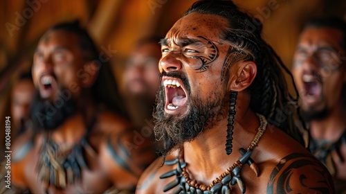 Maori Warriors Performing Haka Martial Dance photo