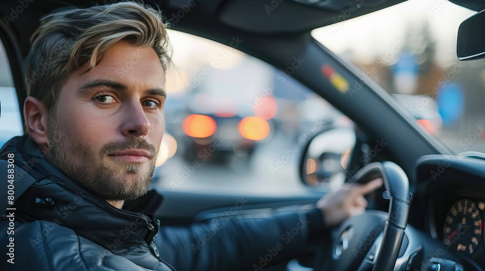 Portrait of Young Man Driving Car: Inside Car View Portrait of Young Man Driving Car: Inside Car View