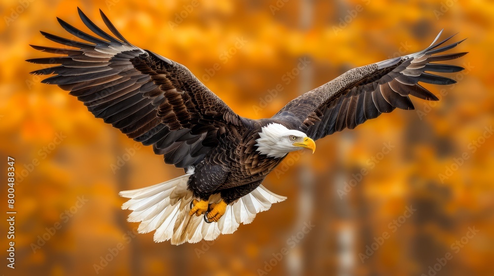 Fototapeta premium A bald eagle flies through autumn air, wings expansive, before a tree adorned with yellow leaves