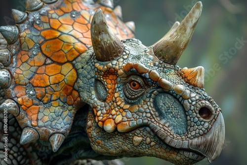 Explore the harmony of a Triceratops adorned in decorative armor  merging power and elegance in a captivating visual representation. Enhanced contrast between armored features