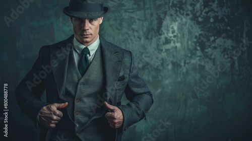 Artistic stock photo of a man in a classic Peaky Blinders suit, posing to highlight the timeless elegance of old-fashioned gangster attire