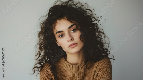 Young beautiful girl with curly hair wearing casual sweater Relaxed with serious expression on face. Simple and natural looking at the camera