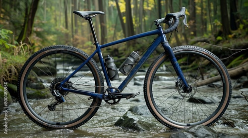 Navy blue cyclocross bike crossing a creek, adventurous spirit,