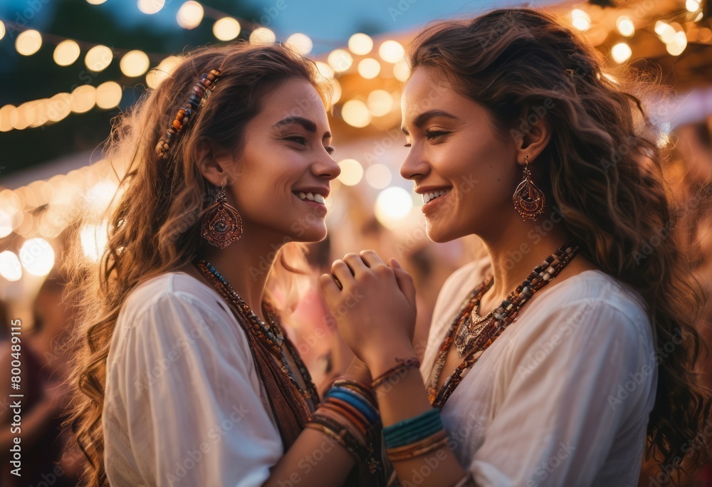 Two friends share a joyful moment at an evening event, their connection illuminated by string lights and mutual happiness.