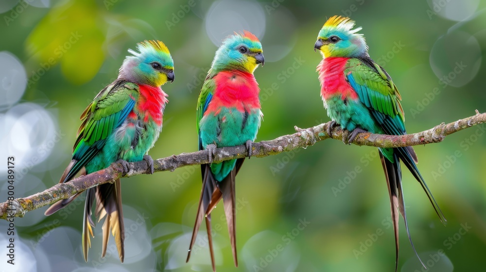   Three vibrant birds perch together on a tree branch against a hazy backdrop