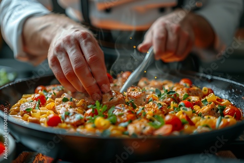 Chef prepares chicken with vegetables