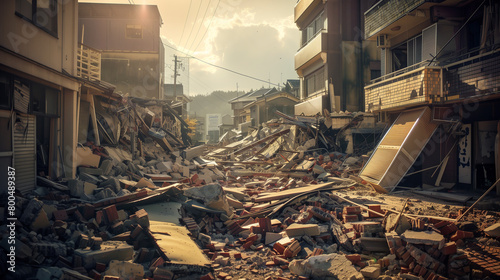 The crumbling of civilization presented with the ruins of a street scattered with building debris and fallen infrastructure photo