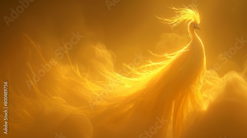   A big, yellow bird with an extended tail flies against a backdrop of a yellow sky filled with smoky clouds