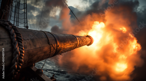 Dramatic image of an old cannon firing with a powerful fiery blast against a maritime backdrop photo